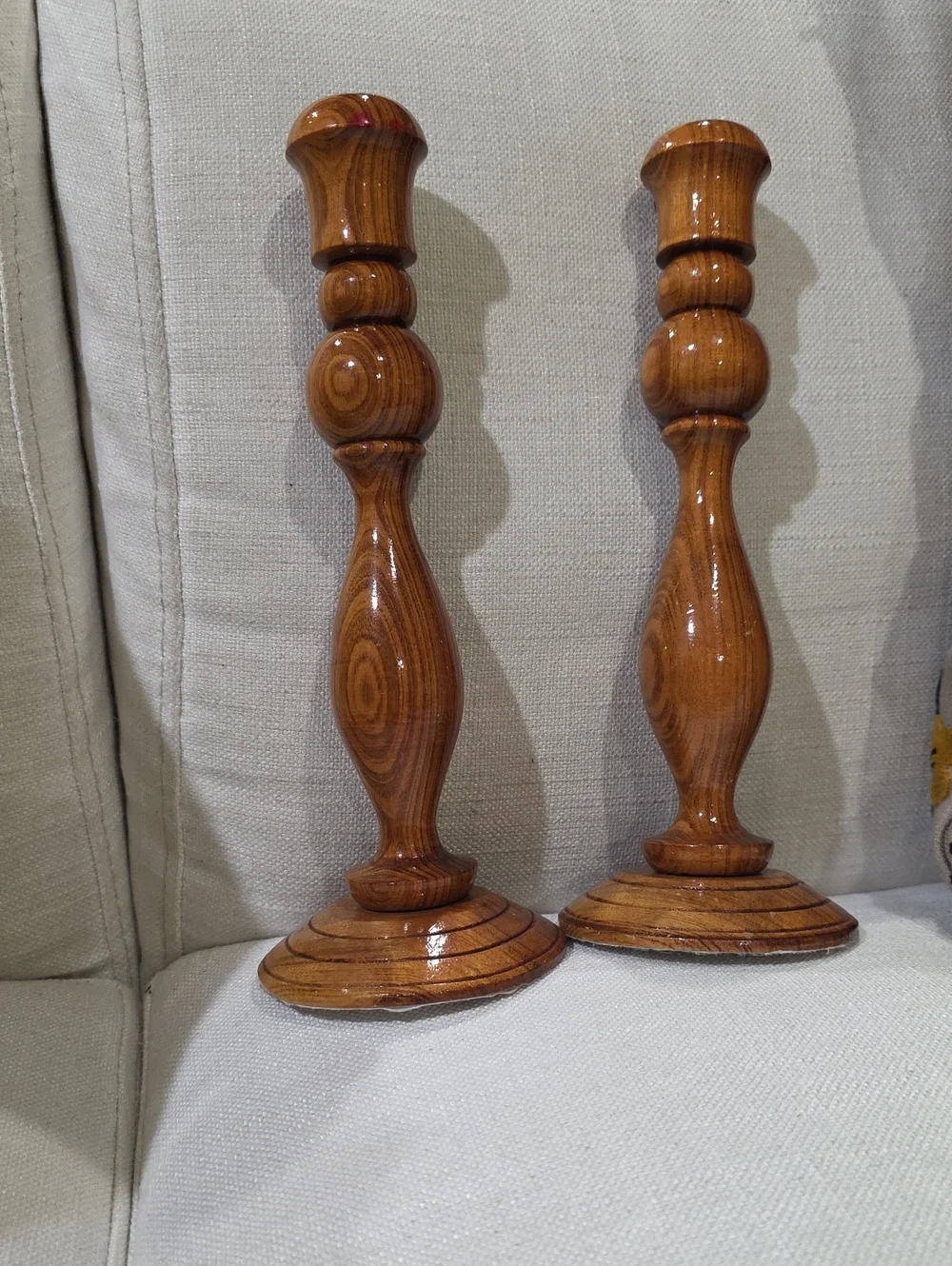 Polished Wood Turned Candlestick Pair - Brown